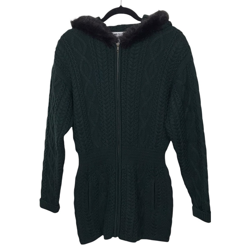 Vintage Carlisle Sport Green 100% Wool Cinch Waist Cable Knit Zip Sweater Jacket